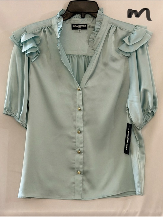 Karl Lagerfeld Tops - Karl Lagerfeld Mint Green Satin Ruffle Sleeve Blouse